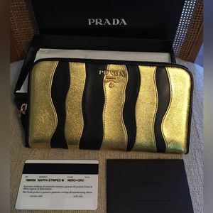 Prada Leather Blossom Wave Nappa Stripes Zippy Wallet in Nero + Oro Black Gold